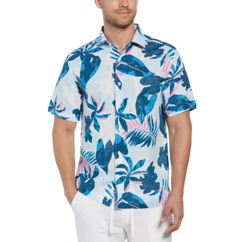 Cubavera Men's Regular-Fit Linen Blend Tropical Print Short Sleeve Shirt Large